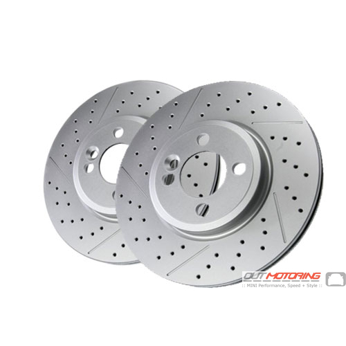 Brake Rotors: OEM JCW Cross Drilled + Slotted: Front