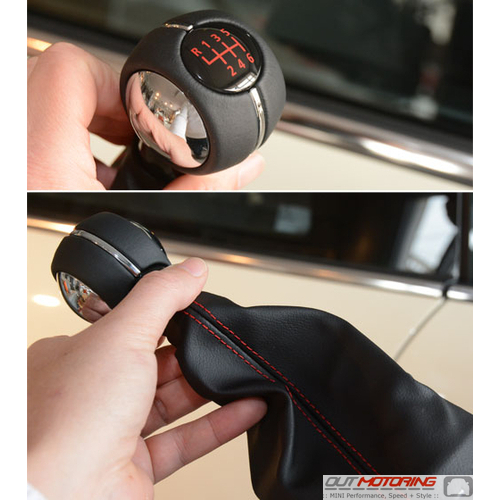 Chrome Shift Knob + Boot W/ Red Stitching: Leather: Sport