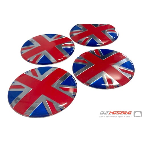 4x Mini Wheel Centre Cap Badges 52 MM ROUGE BLEU CHROME-Union Jack GB-UK Post 