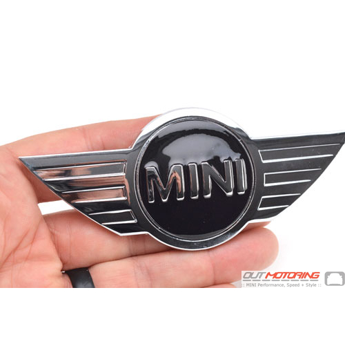 MINI Logo Badge Emblem: Chrome Wings + Black: 4.75"